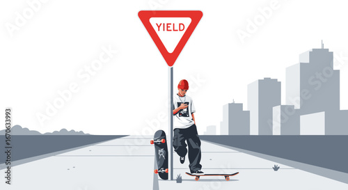 Urban Skater Pausing Under A Yield Sign In The Cityscape Backdrop Minimalist