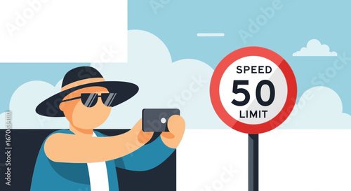 Vacationer Capturing Roadside Moments With Smartphone While Observing Traffic Regulations