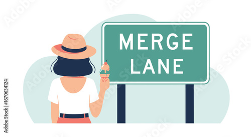 Vacationer Enjoying Ice Cream at Merge Lane Sign Near Coastal Road