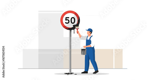 Vandalism Act Man Painting Over Speed Limit Sign Illustration Vector Design