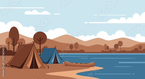 Vector illustration of a camping scene on the lake with tents and canoe creating a serene landscape and outdoors experience