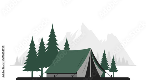 Vector illustration of a campsite in a forest with mountains providing a camping outdoor adventure scene