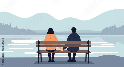 Vector Illustration of a couple sitting on a bench overlooking a serene lake and mountain landscape