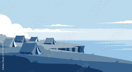 Vector Illustration of a Coastal Campsite with Tents and Ocean Views on a Blue Palette