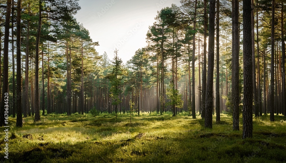 Fototapeta premium a serene forest clearing bathed in dappled sunlight with towering pine trees