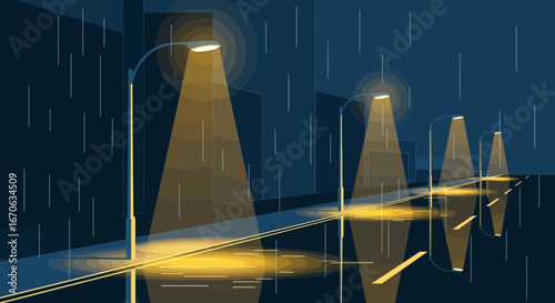Vector illustration of a rainy night street scene with glowing streetlights and reflections on the wet pavement creating a tranquil atmosphere