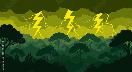 Vector Illustration Of A Stormy Landscape With Lightning Over Lush Forest
