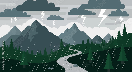 Vector Illustration of a Stormy Mountain Landscape with Rain and Lightning in a Minimalist Style