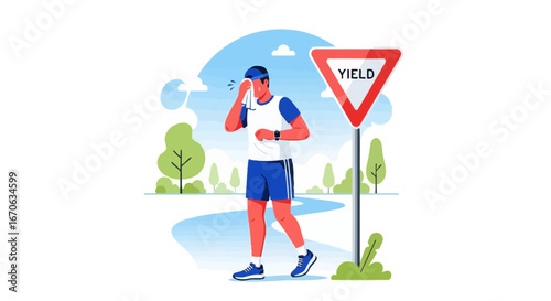Vector illustration of a tired runner stopping near a yield sign, representing overexertion and the need to pause during exercise