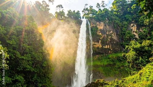 Sunlight Reflecting on Tall Rainforest Waterfall