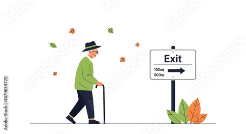 Vector illustration of elderly man walking near exit sign during autumn season
