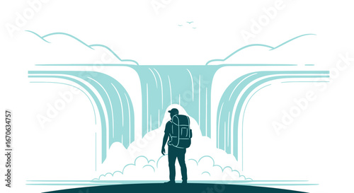 Vector Illustration Of Hiker Admiring Majestic Waterfall In Serene Mountain Landscape