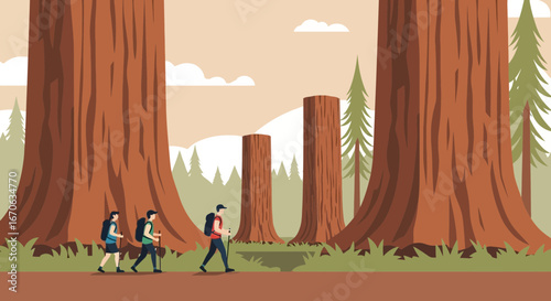 Vector Illustration Of Hiking Among Giant Sequoia Trees With Friends