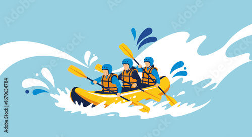 Vector illustration of three people rafting on a river with helmets and life jackets experiencing teamwork in a thrilling outdoor adventure