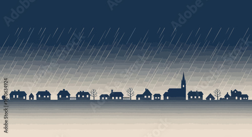 Vector silhouette illustration of a town during a rainstorm against a dark sky creating a somber and peaceful atmosphere