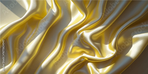 Golden silk fabric with a shiny, liquid gold texture and a gentle, flowing wave pattern