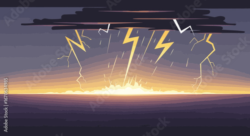 Vectorial Lightning Storm Illustration Over The Ocean At Sunset Hour
