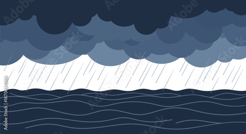 Vectorial Rainy Weather Over Ocean With Dark Storm Clouds Landscape