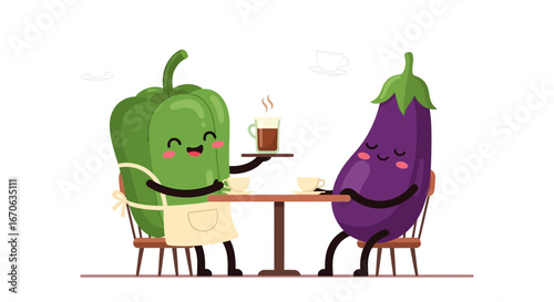 Vegetable Friends Enjoying Coffee At The Cafe Vector Illustration
