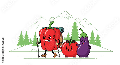 Vegetable Friends Hiking In The Mountains With Backpacks And Trekking Poles
