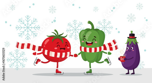 Vegetable Friends Enjoying Winter Fun on Ice Skating Rink Holiday Season