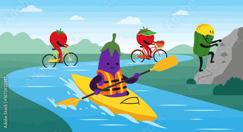 Vegetable Friends Participating In Outdoor Activities By The River And Mountain