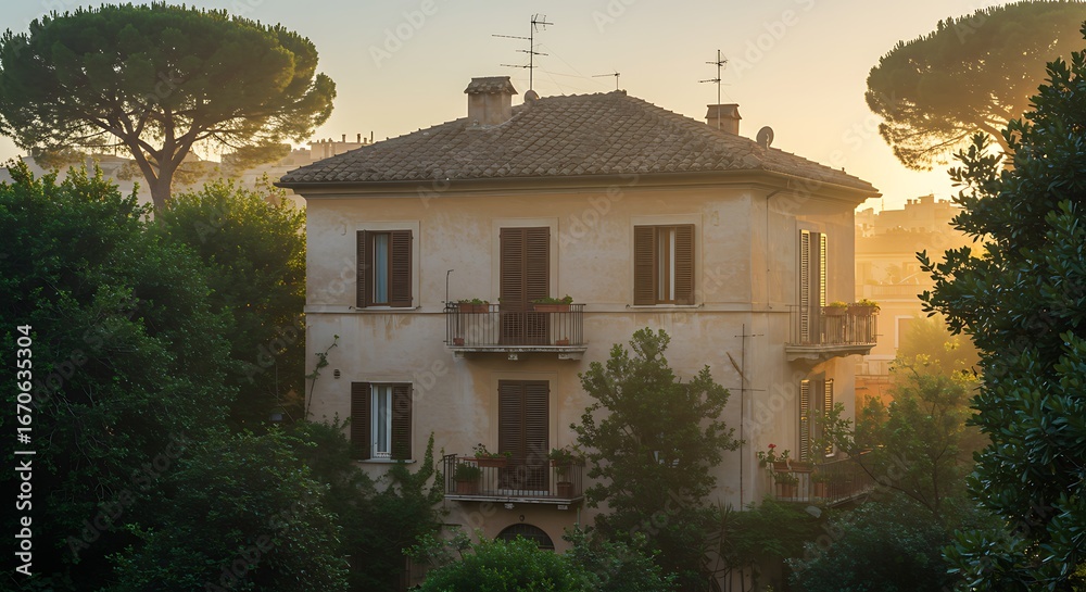 custom made wallpaper toronto digitalCharming Italian Villa in Golden Light Surrounded by Greenery and Cityscape View