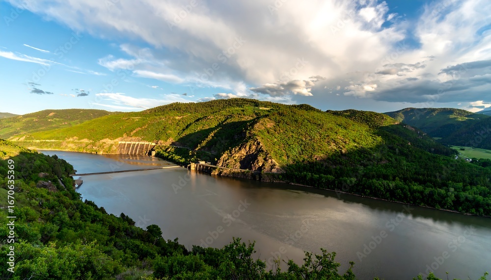 Fototapeta premium Expansive view of a river valley, showcasing a dam, lush green hills, and a bright, partly cloudy sky.