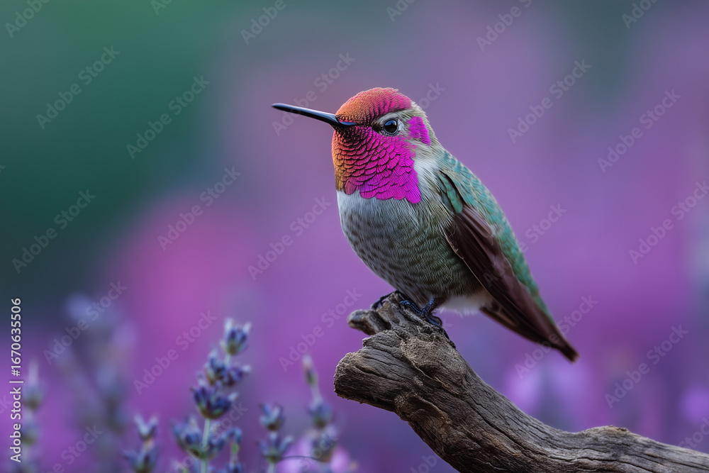 Fototapeta premium Hummingbird with iridescent pink gorget perched on a weathered branch with lavender flowers image