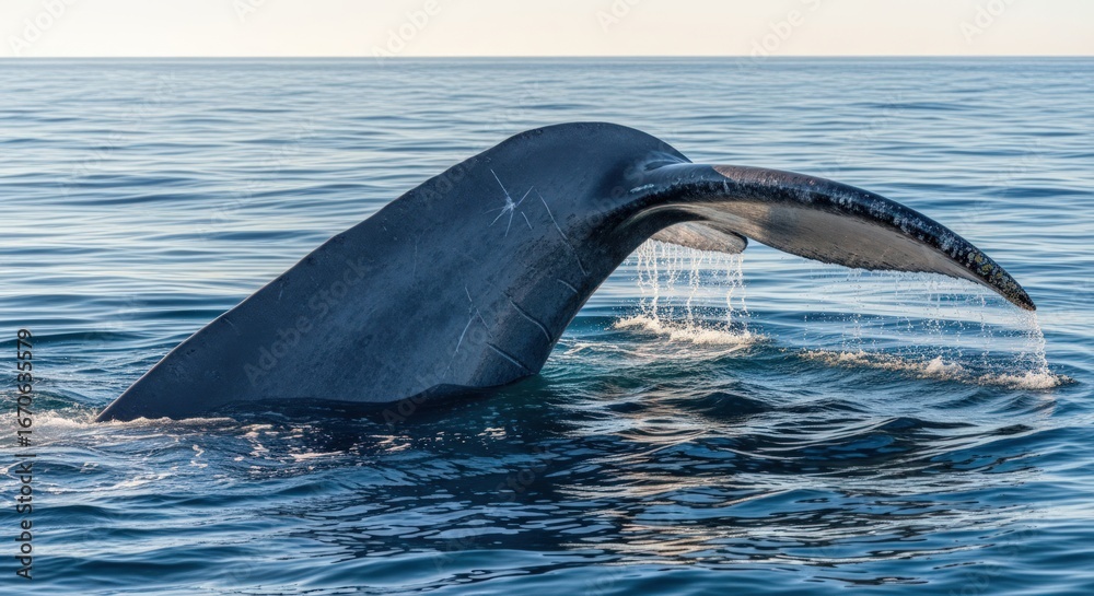 Fototapeta premium Blue Whale Tail Diving into the Ocean with Water Dripping
