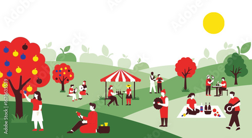 Vibrant Autumn Festivities Celebration With Flat Design People And Apple Orchard