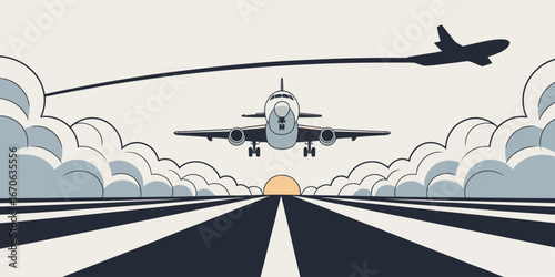 An illustration of an airplane landing on a runway with clouds and another plane flying above it all