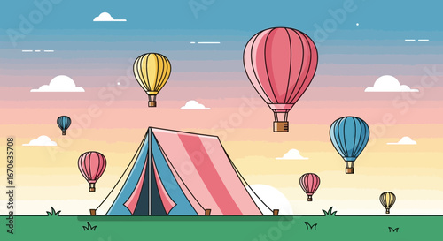 Vibrant Camping Scene Featuring Balloons and Sky Hot Air Adventure
