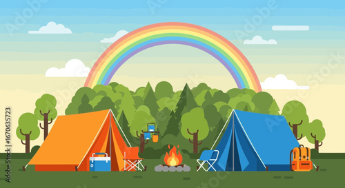 Vibrant Camping Scene With Rainbow Over Forest And Colorful Tents