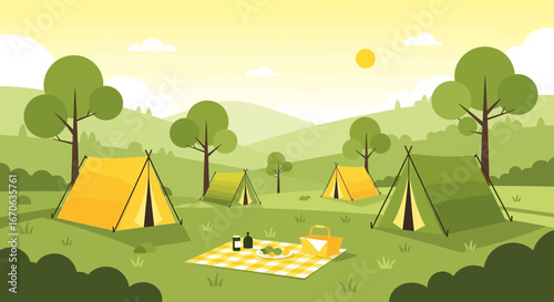 Vibrant Campsite Scene Tents Amidst Trees and Picnic in Flat Design Style