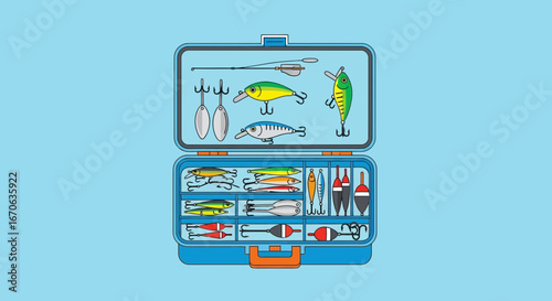 Vibrant Fishing Tackle Box Illustration With Lures Baits and Floats Ready For Angling