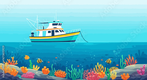 Vibrant Fishing Boat Scene with Underwater Coral and Aquatic Life