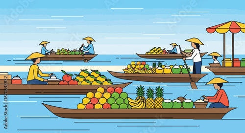 Vibrant Floating Market Scene Featuring Boats Filled With Fruits And Vendors