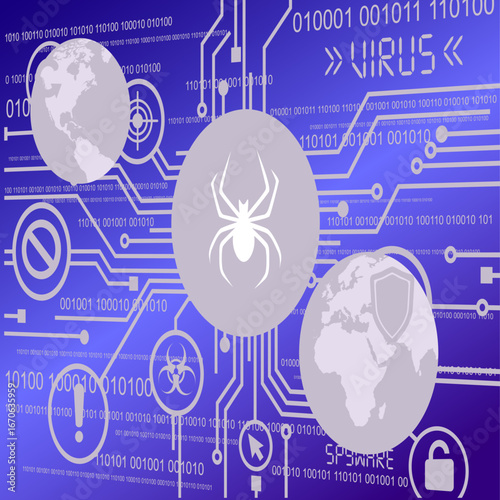 Abstract hacker-inspired design with glowing lines and malware symbols