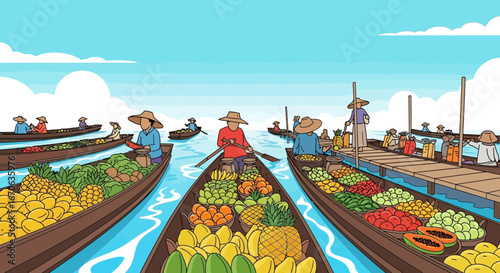 Vibrant Floating Market Scene With Tropical Fruits And Vendors Illustration