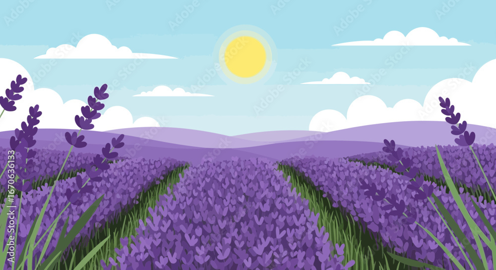 Obraz premium Vibrant Lavender Fields Under Sunny Sky Cartoon Landscape Illustration