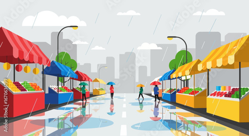 Vibrant Market Stalls On Rainy Day Displaying Colorful Fresh Food Outdoors