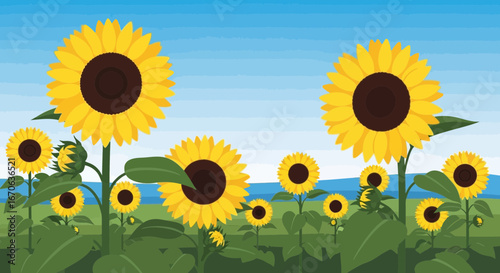 Vibrant Sunflower Field Against a Serene Blue Sky Digital Illustration