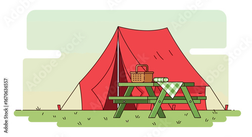 Vibrant Tent Setup And Picnic Table For An Outdoor Recreational Getaway