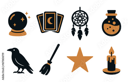 Mystical symbols collection featuring crystal ball, tarot cards, dreamcatcher, potion, raven, broom, star, candle