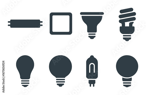 Silhouette collection of various light bulbs on dark background