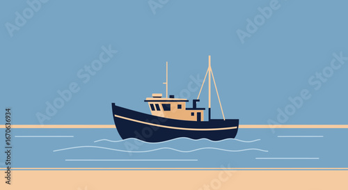 Vintage Fishing Boat Floating Calmly On Water Under A Serene Pastel Sky
