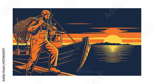 Vintage Fisherman Silhouette Preparing for a Coastal Fishing Trip at Sunset