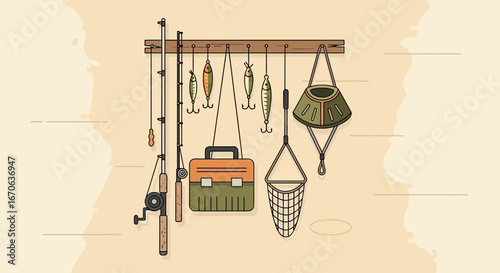 Vintage Fishing Gear Illustration Showing Rods Tackle Box And Landing Net