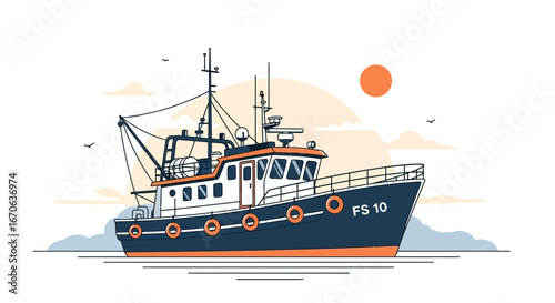 Vintage Fishing Vessel Navigating Calm Waters Underneath A Serene Sun Filled Sky